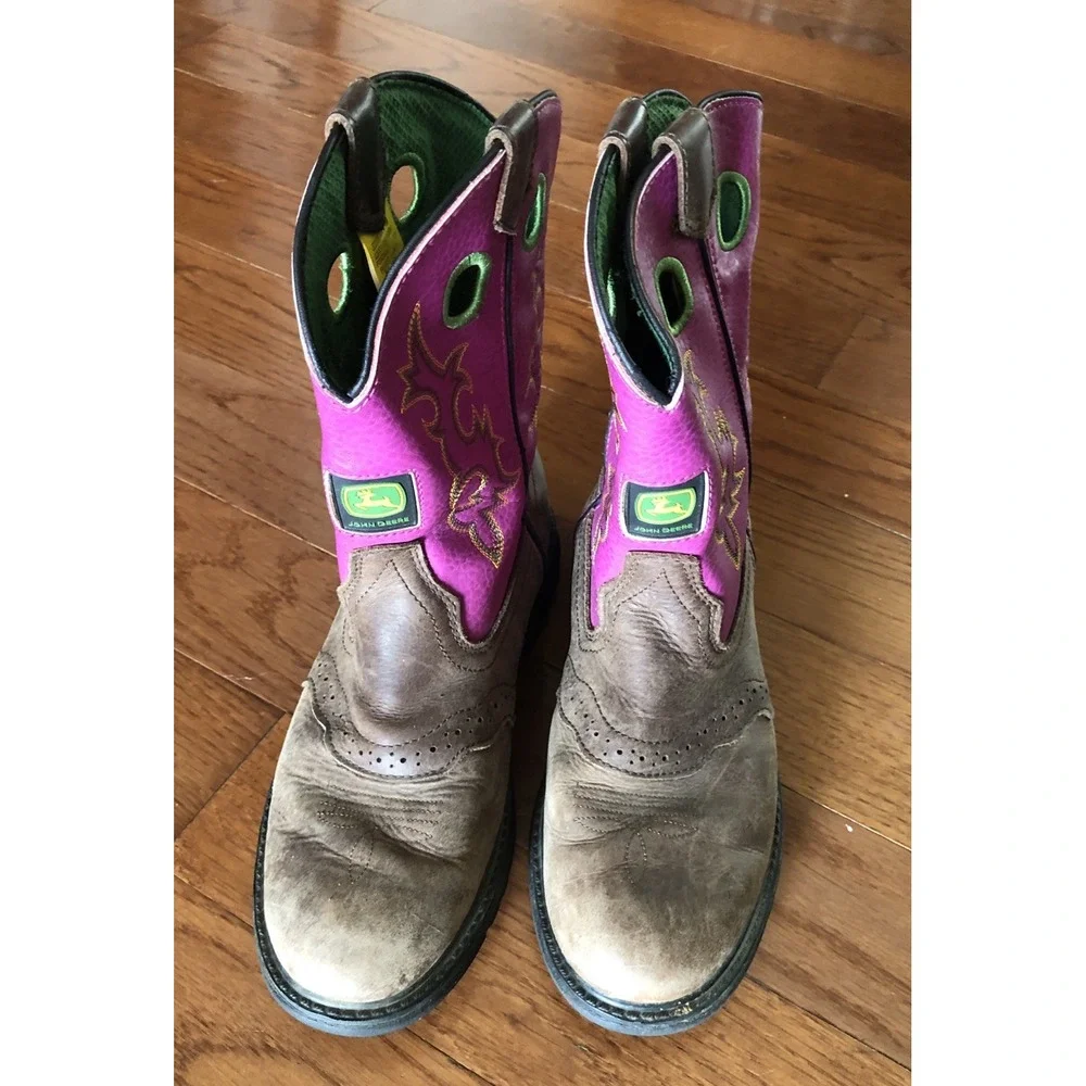 John Deere Youth Cowboy Boots Size 6M Pink Brown Leather Western Kids Work